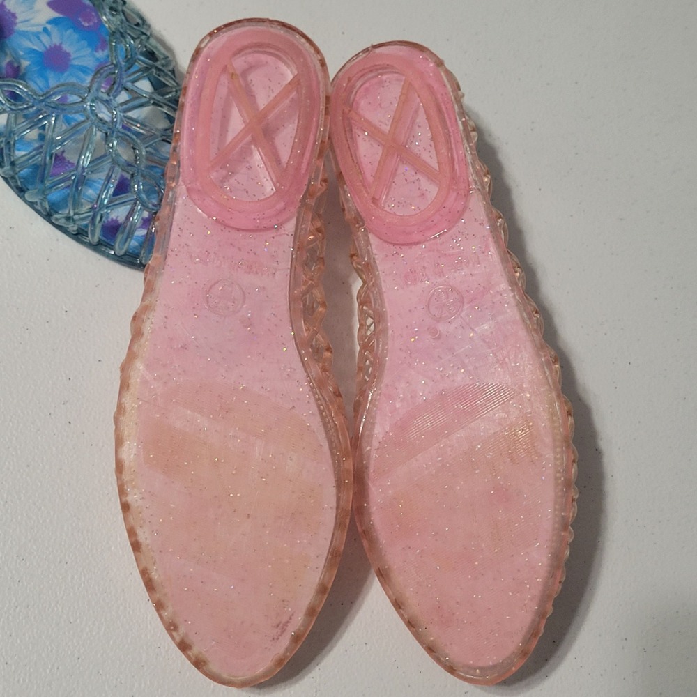 Dona Jelly Kids Glitter Ballet Flats Blue Pink Floral Size 37/6 Peep Toe 2 Pair - Picture 3 of 9